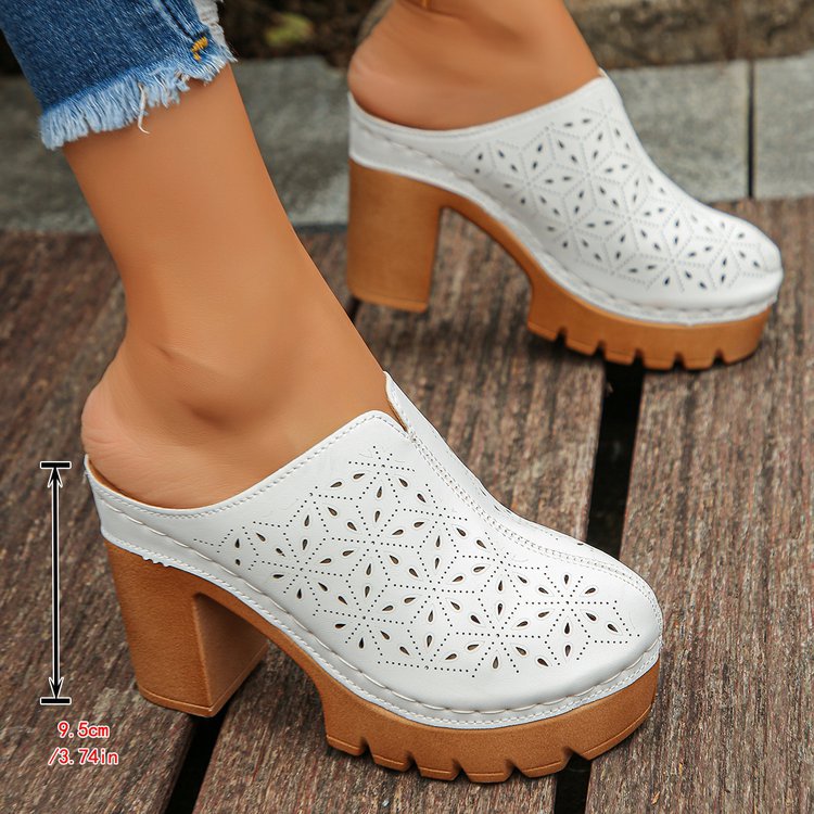 Damen Offene Clogs mit floralem Cut-Out Design und klobigem Absatz R&B