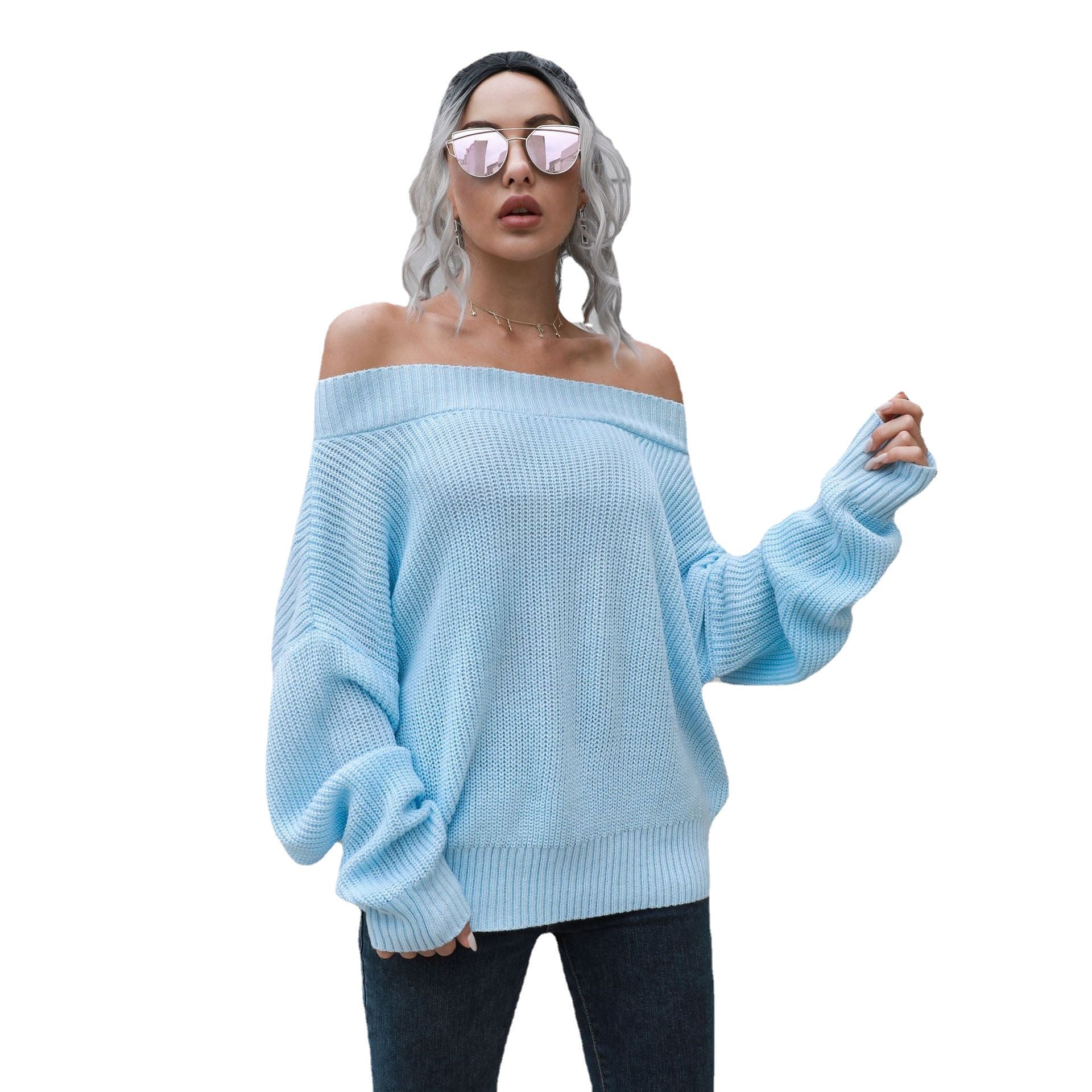 Damen Off-Shoulder Strickpullover mit lässigem Schnitt und voluminösen Ärmeln R&B
