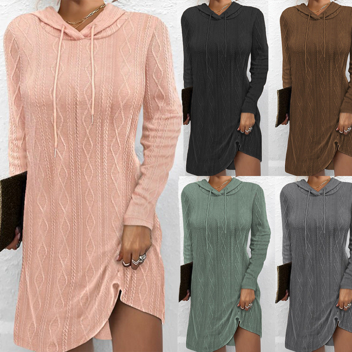 Damen Strickkleid mit Kapuze und seitlichen Schlitzen