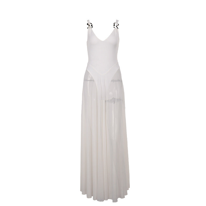Damen Stilvolles Maxikleid mit transparentem Rock und elegantem V-Ausschnitt R&B