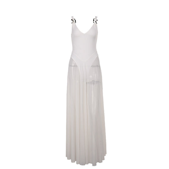 Damen Stilvolles Maxikleid mit transparentem Rock und elegantem V-Ausschnitt R&B