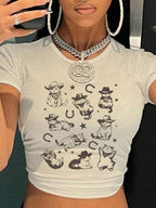 Damen Crop-T-Shirt mit verspieltem Katzenmotiv und Cowboy-Design R&B