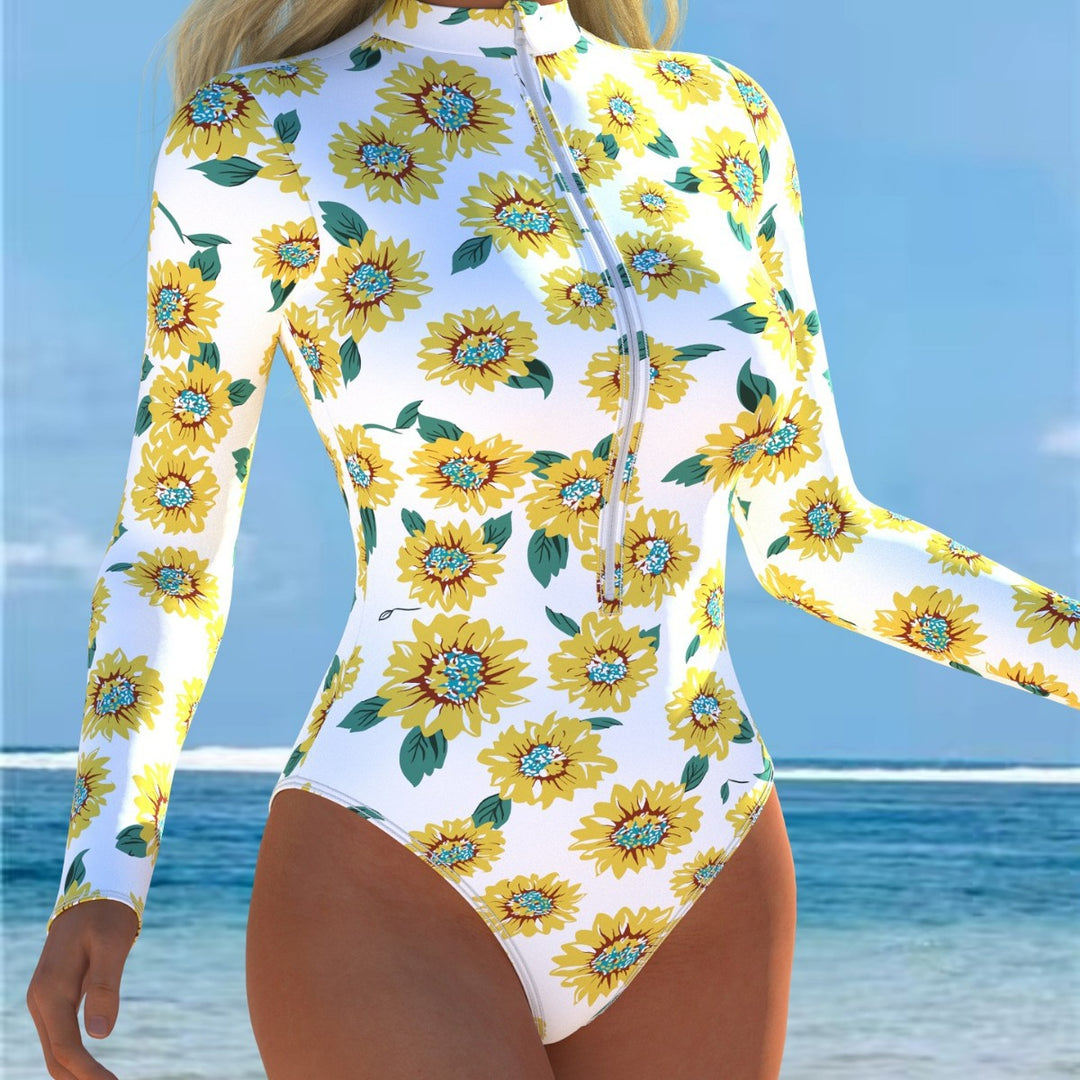 Damen Einteiler Badeanzug mit modischem Blumenmuster und hohem Kragen R&B