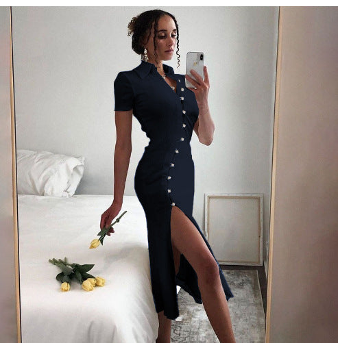 Damen Elegantes Maxikleid mit Knopfverschluss und schickem Schlitz R&B