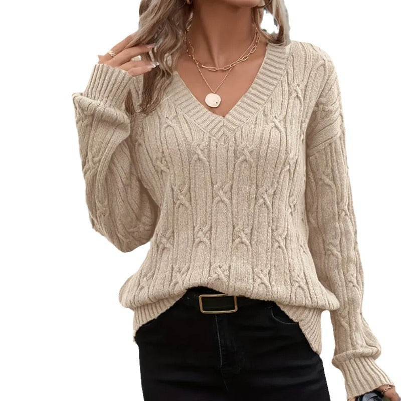 Damen Strickpullover mit V-Ausschnitt und Zopfmuster R&B