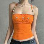 Damen Spitzen-Crop-Top mit dekorativem Rüschen und Knopfdetails R&B