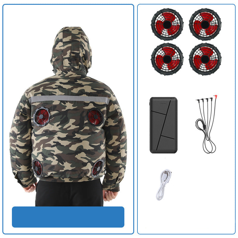 Unisex nan ventilated jacket for work and outdoor with integrated USB fans, battery compartment and hood R&B