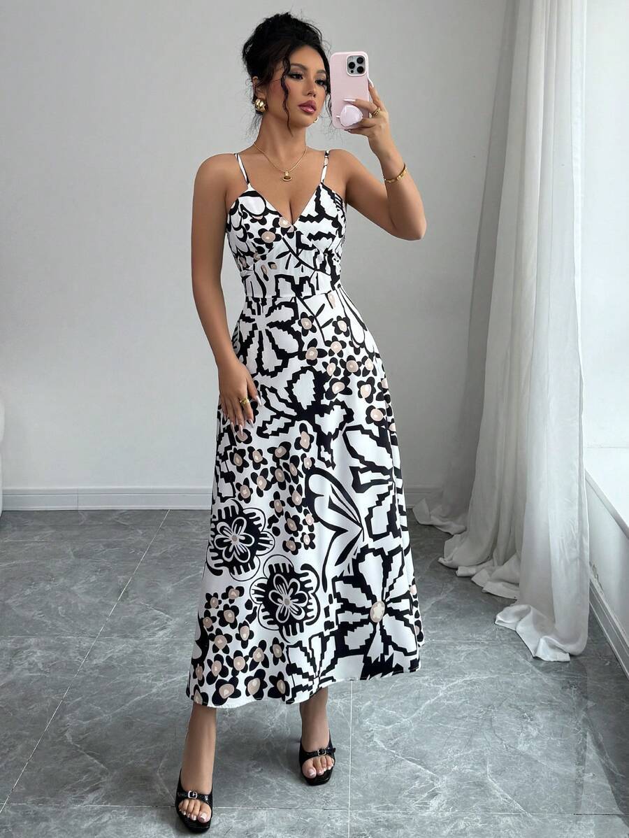 Damen Maxikleid mit elegantem grafischem Design und verstellbaren Trägern R&B