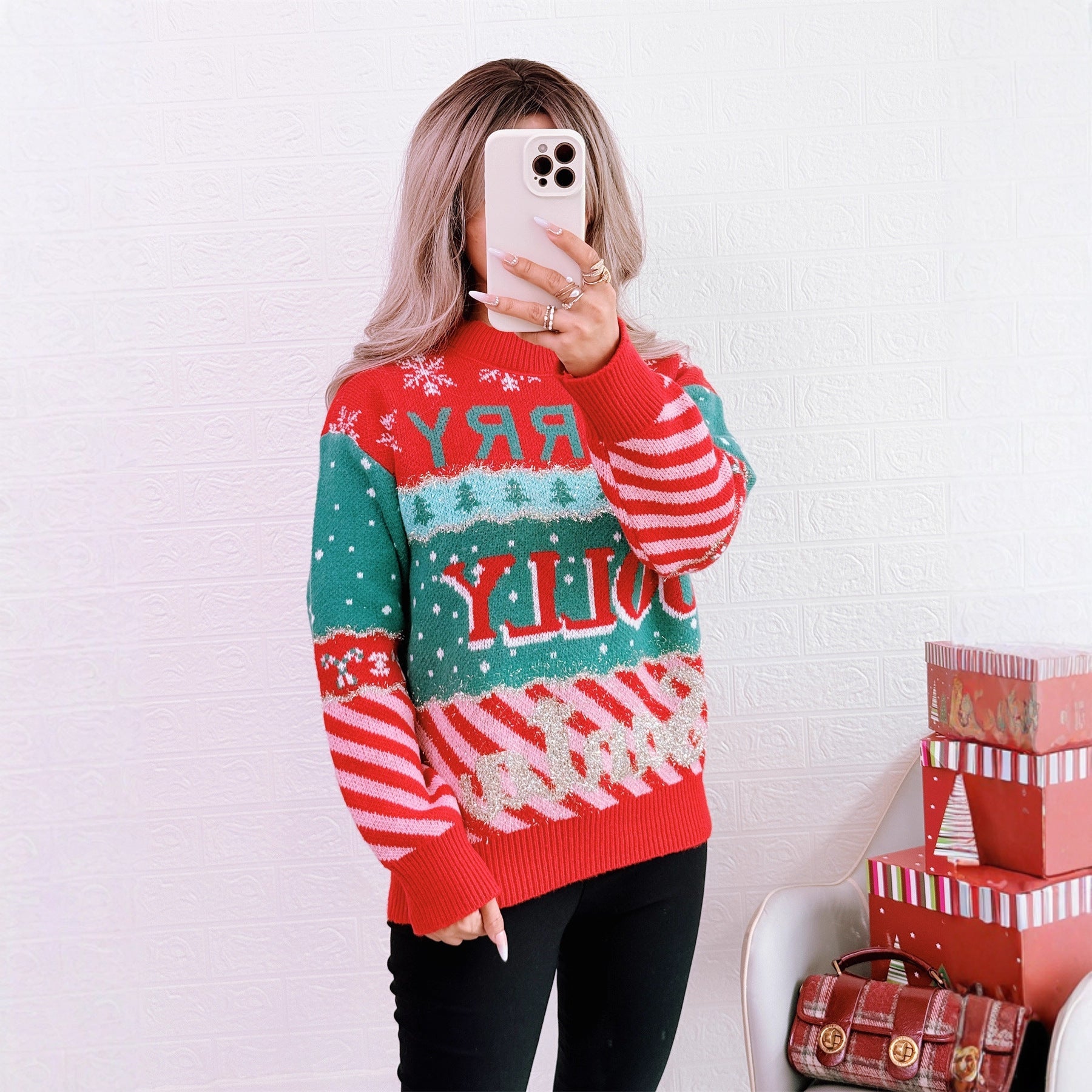 Damen festlicher Strickpullover mit kreativem Weihnachtsdesign R&B