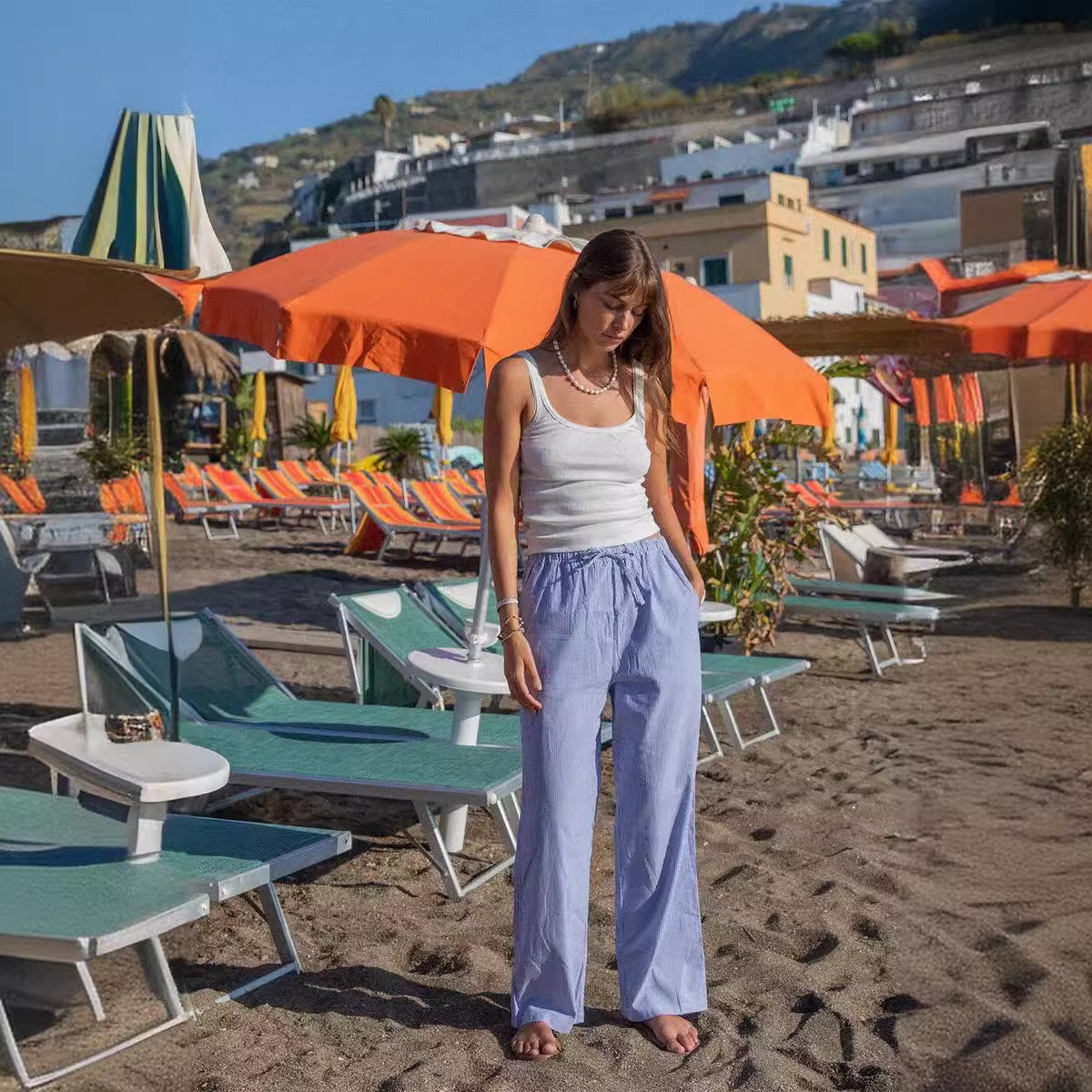 Damen lässige bequeme Schlafhose aus leichtem Baumwollstoff mit eleganten Streifen R&B