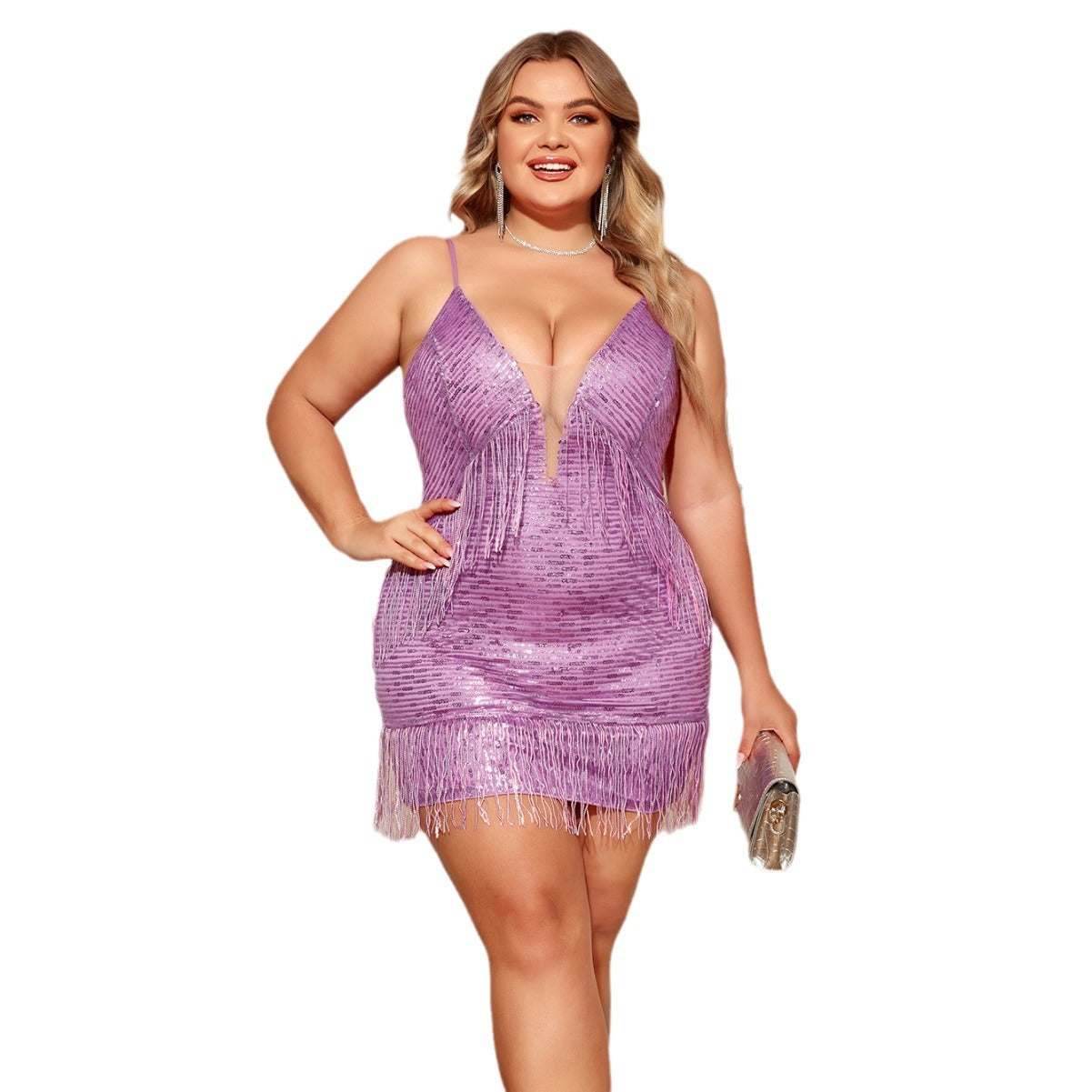 Damen Fransen Minikleid mit tiefem V-Ausschnitt und schimmerndem Obermaterial R&B