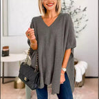 Damen V-Pullover aus feinem Strick mit weit geschnittenen Ärmeln und lässigem Stil R&B