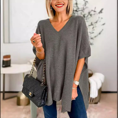 Damen V-Pullover aus feinem Strick mit weit geschnittenen Ärmeln und lässigem Stil R&B