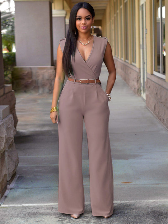 Damen Eleganter Wickel-Jumpsuit mit weitem Bein und Taillengürtel R&B