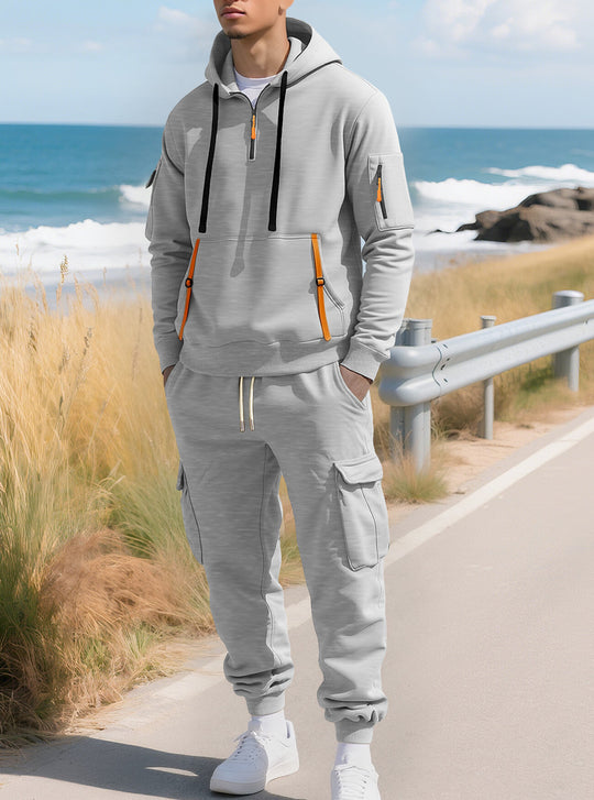 Herren nan lässiger Halbzip Hoodie mit Kängurutasche und Cargo Jogginghose mit Reißverschlussdetails R&B