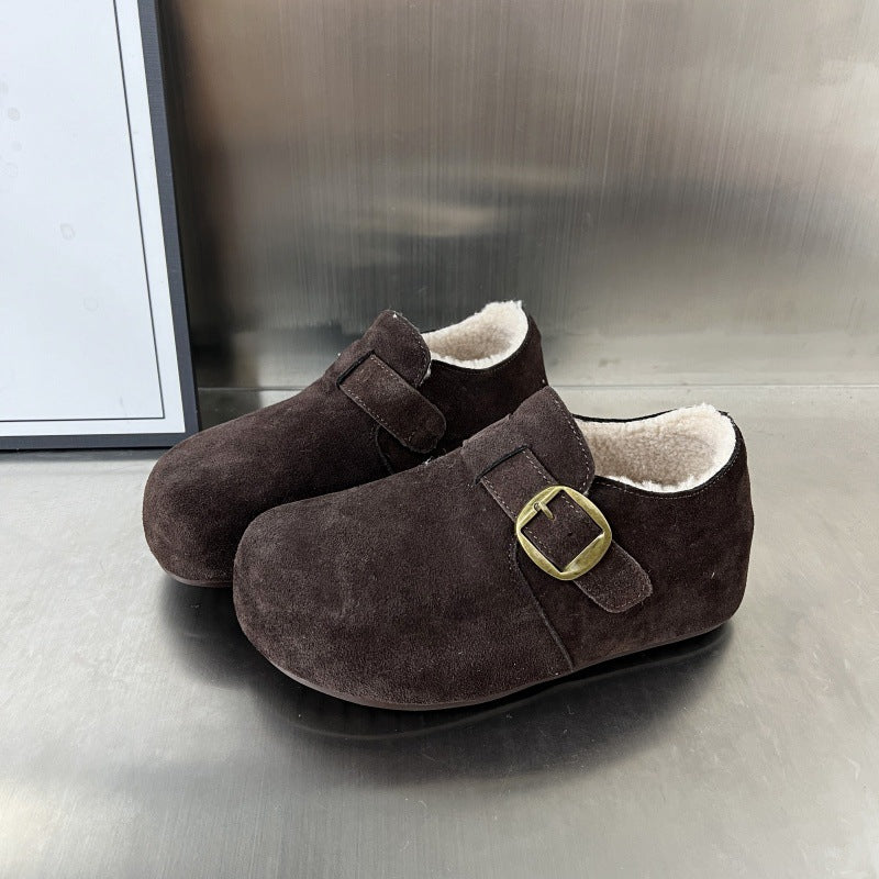 Damen Komfortable Wildleder-Clogs mit luxuriösem Fleece-Innenfutter und modischer Schnallenverzierung R&B