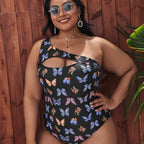 Damen Einseitiger Cut-Out Badeanzug mit floralen Schmetterlingsmotiven R&B