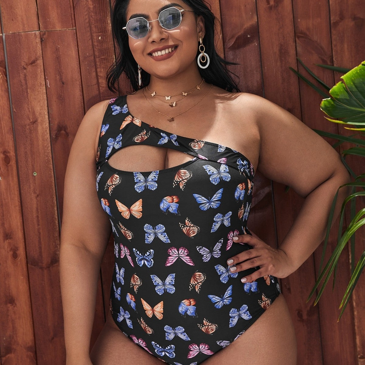 Damen Einseitiger Cut-Out Badeanzug mit floralen Schmetterlingsmotiven R&B