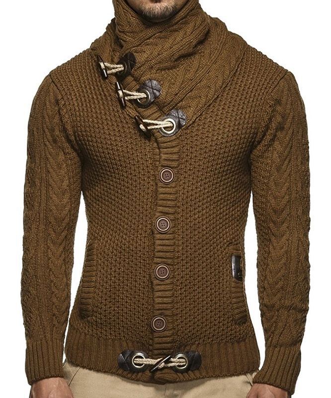 Herren gestrickter Cardigan mit hohem Kragen und modernen Holzknebel R&B