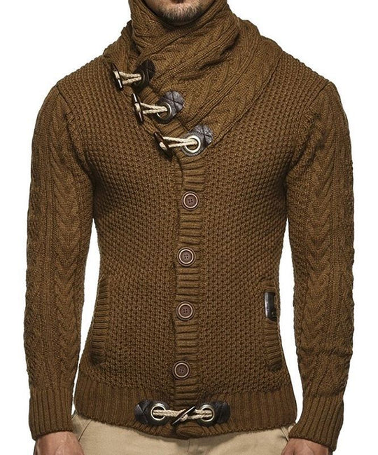 Herren gestrickter Cardigan mit hohem Kragen und modernen Holzknebel R&B