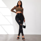 Damen Hochtaillierte Skinny Jeans mit modischen Rissen und eleganter Knopfleiste R&B
