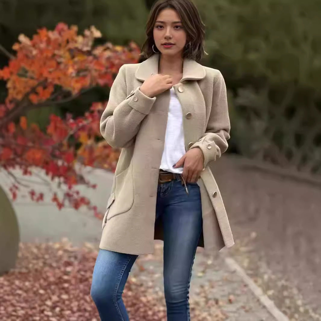 Damen Modische Wolljacke mit praktischen Taschen und Knopfdetails R&B