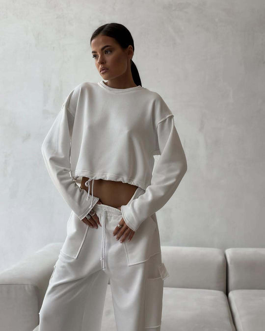 Damen lässiges cropped Sweatshirt mit Kordelzug und weiten Ärmeln R&B