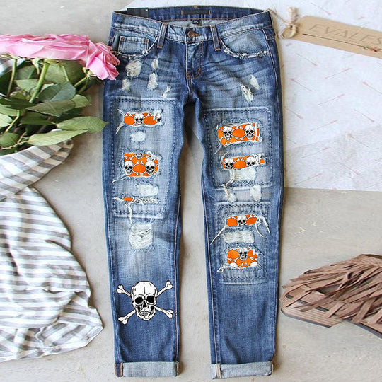 Damen Skinny Jeans mit auffälligen Totenkopf-Mustern R&B