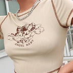 Damen Figurbetontes T-Shirt mit einzigartigem Engel-Motiv und modischem Print R&B