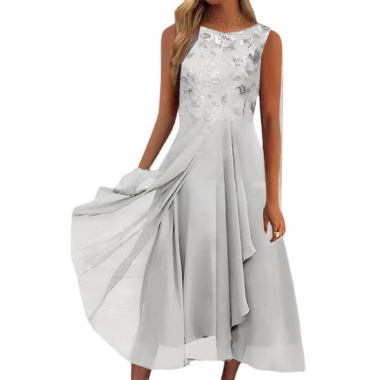 Damen nan ärmelloses Chiffon-Midikleid mit bestickter Brustpartie und asymmetrischem Lagenrock R&B