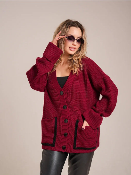 Damen Lässiger Strickcardigan mit breiten Ärmeln und kontrastierenden Taschen R&B