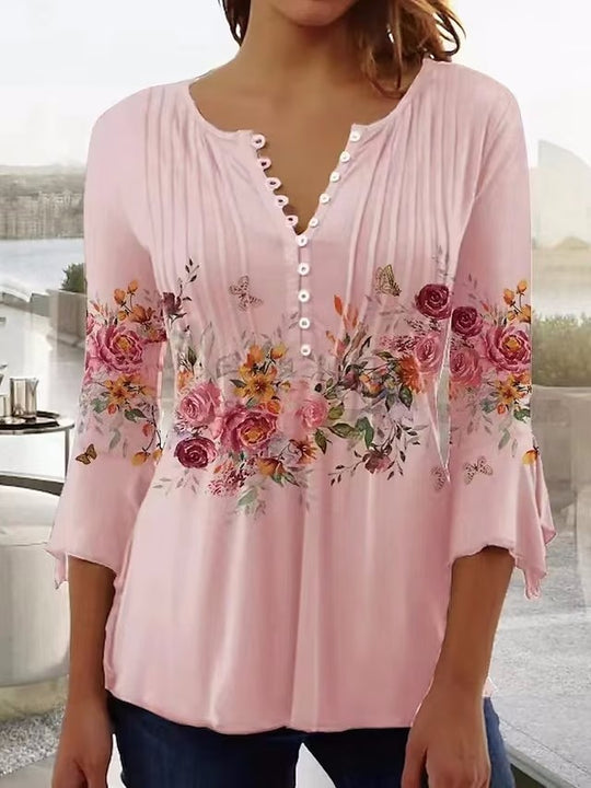 Damen nan luftige Tunika-Bluse mit Aquarell-Blumenbordüre, Kellerfalten und Dreiviertelärmeln R&B