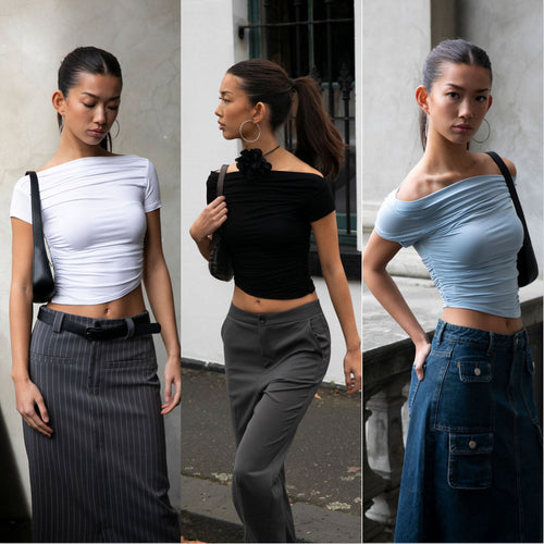 Damen figurbetontes Oberteil mit Off-Shoulder Design und Raffung R&B