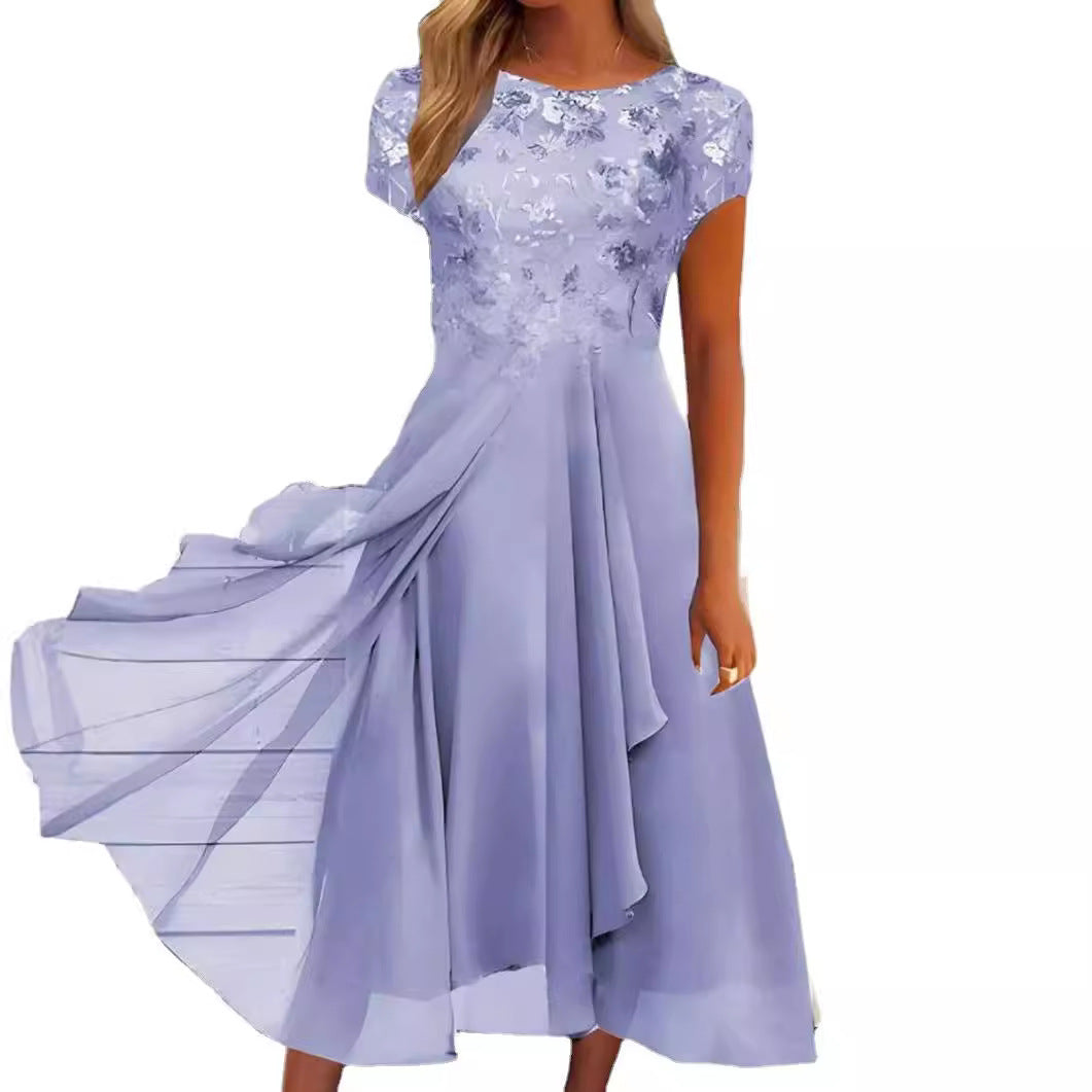 Damen nan fließendes Chiffon-Midikleid mit blumenbesticktem Oberteil und asymmetrischem Stufenrock R&B