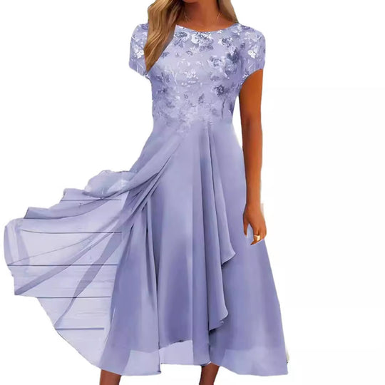 Damen nan fließendes Chiffon-Midikleid mit blumenbesticktem Oberteil und asymmetrischem Stufenrock R&B