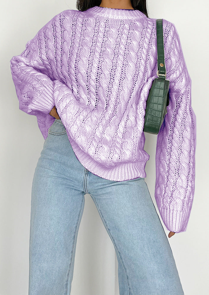 Damen grob gestrickter Pullover mit Zopfmuster und weitem Schnitt R&B