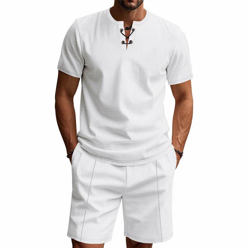 Herren nan kurzärmeliges Schnürkragen-Shirt im Waffeljersey mit Bundfalten-Bermuda R&B