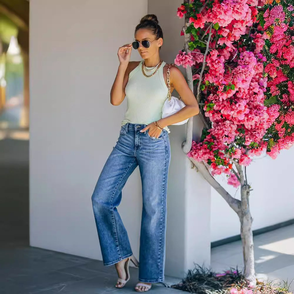 Damen Weit geschnittene Jeanshose mit hohem Bund und dezenten Waschungen R&B