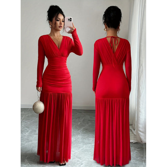 Damen Elegantes und figurbetontes Maxi-Kleid mit V-Ausschnitt und langen Ärmeln R&B