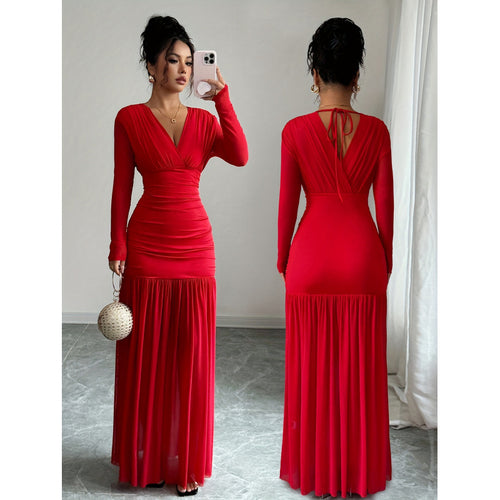 Damen Elegantes und figurbetontes Maxi-Kleid mit V-Ausschnitt und langen Ärmeln R&B