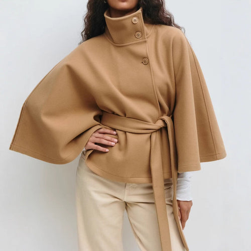 Damen nan kastenförmiger Wollcape Mantel mit Stehkragen und Bindegürtel R&B