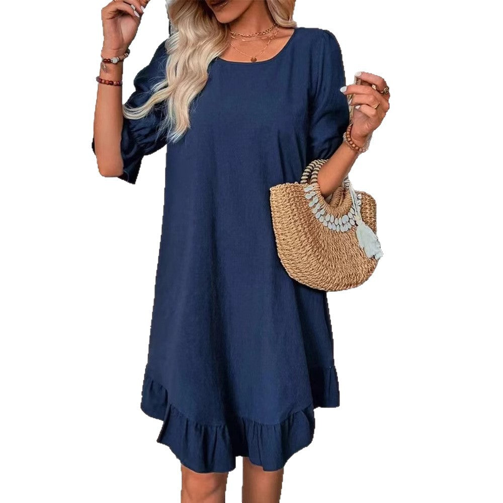 Damen nan luftiges A-Linien-Sommerkleid mit Volantbesatz und ellbogenlangen Ärmeln R&B