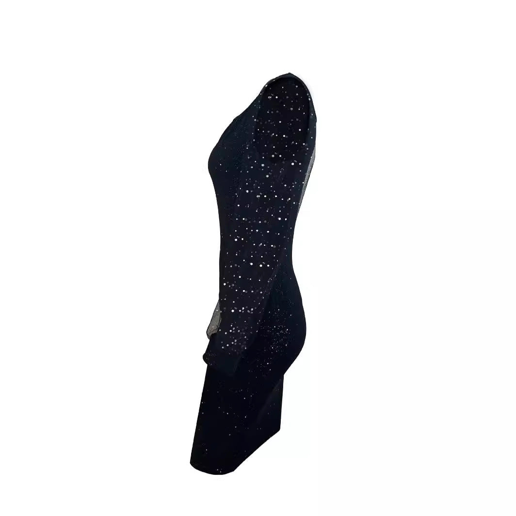 Damen figurbetontes Abendkleid mit transparenten Ärmel und funkelnden Details R&B
