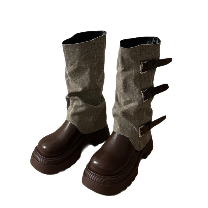 Damen Boots mit modischer Schnallenverzierung und robustem Plateau-Heel R&B
