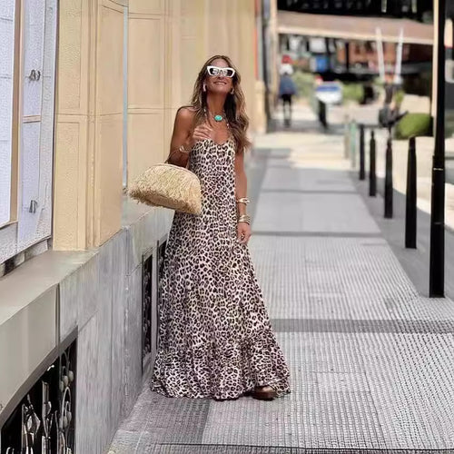 Damen Maxikleid im eleganten Leo-Design mit fließendem Rock R&B