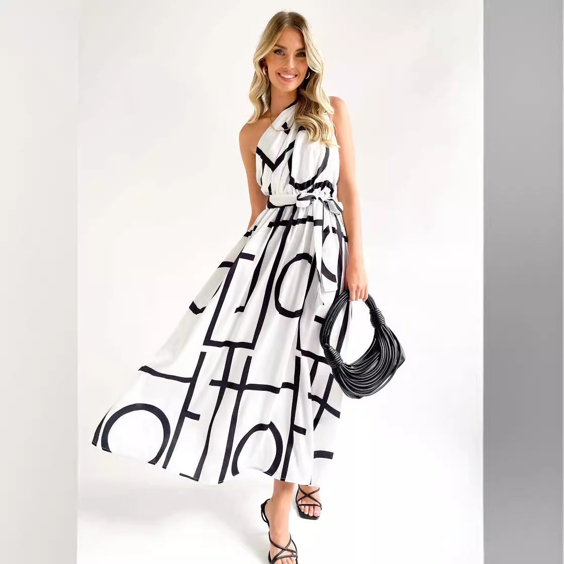 Damen Maxikleid mit asymmetrischem Ausschnitt und elegantem Bindegürtel R&B
