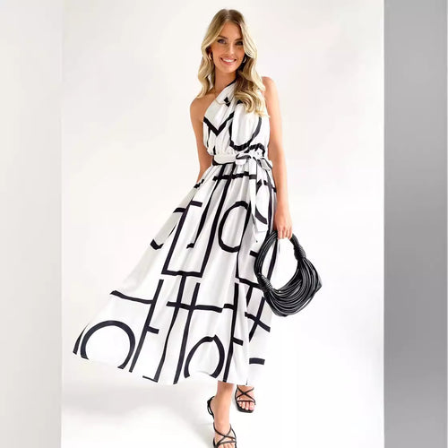 Damen Maxikleid mit asymmetrischem Ausschnitt und elegantem Bindegürtel R&B