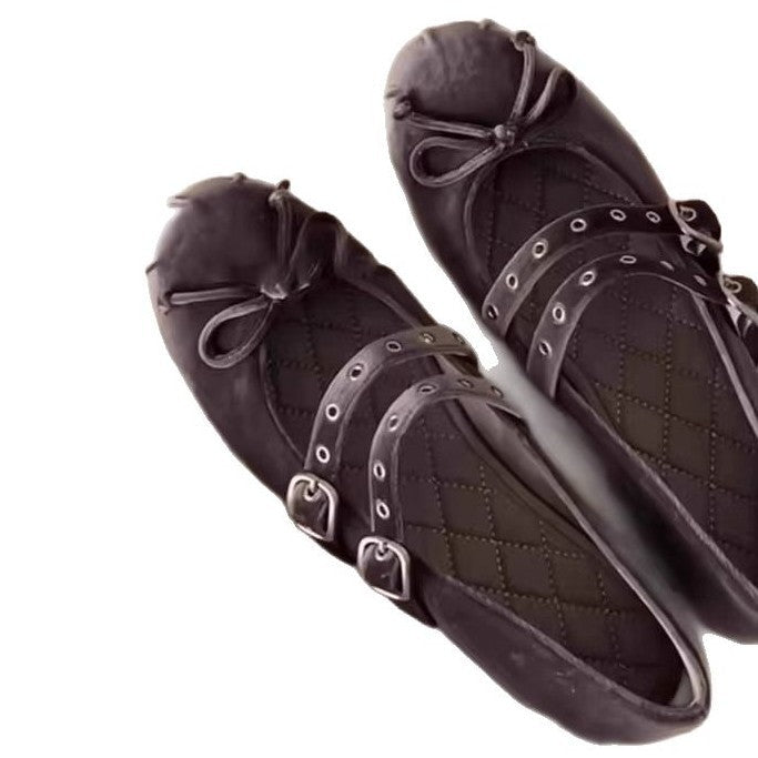 Damen Ballerina-Schuhe mit dekorativer Schleifenapplikation und doppeltem Riemendesign