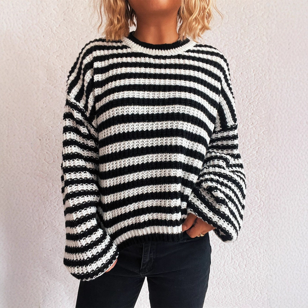 Damen lässiger Strickpullover mit breiten Streifen R&B