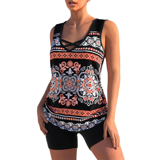 Damen nan sportlicher Tankini-Zweiteiler mit V-Ausschnitt und überkreuzten Brustträgern R&B